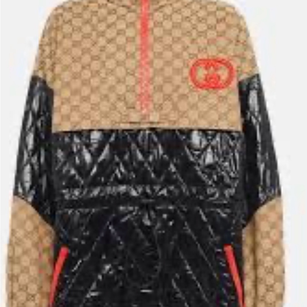 Gucci Tan and Black Quilted Hoodie with Red Accents